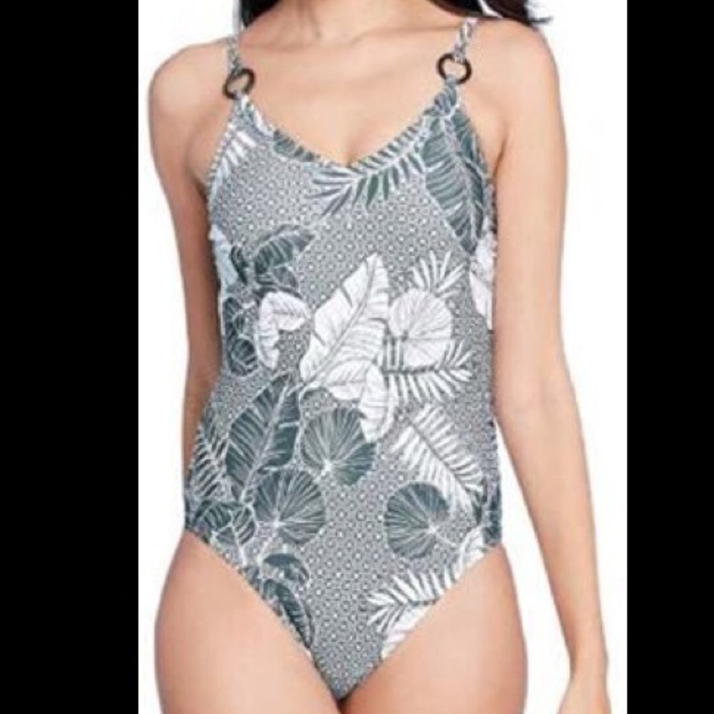 Kona Sol One Piece Tropical Swimsuit, Black and White with Ring Detsil, Size S